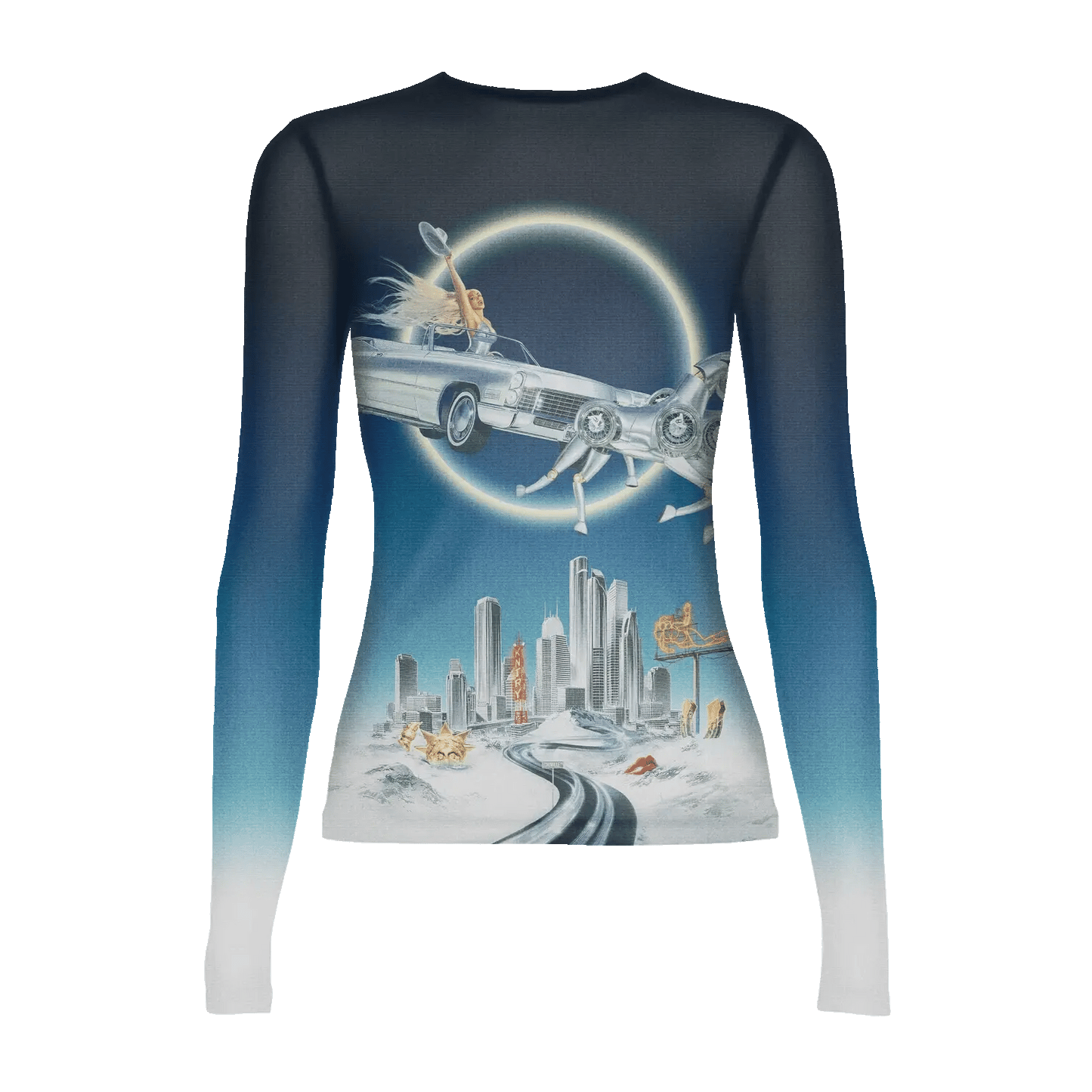Sheer long sleeve mesh top with blue gradient featuring Beyoncé in silver car and cityscape graphic