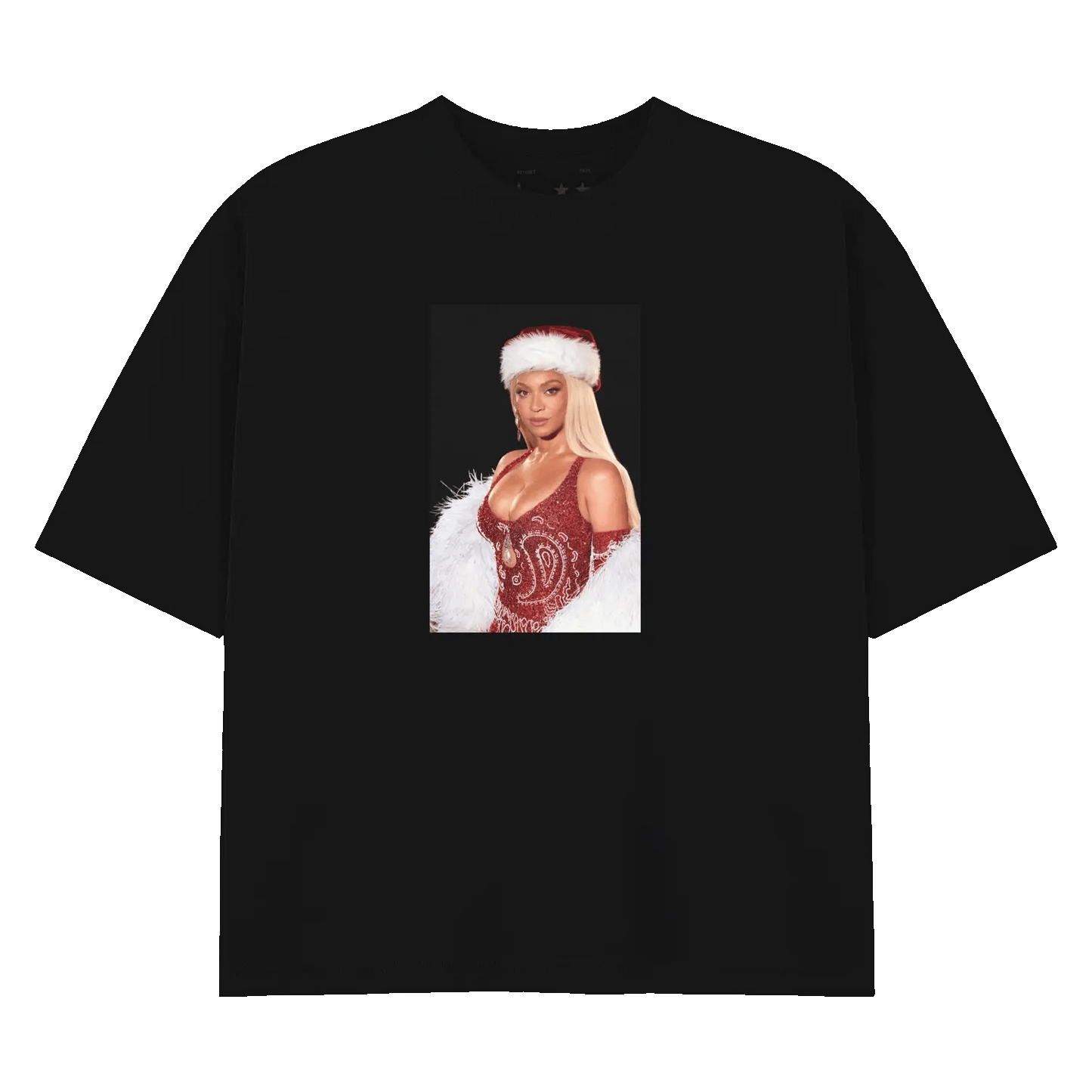 Black t-shirt front featuring Beyoncé portrait in festive red outfit with Santa hat and white fur details