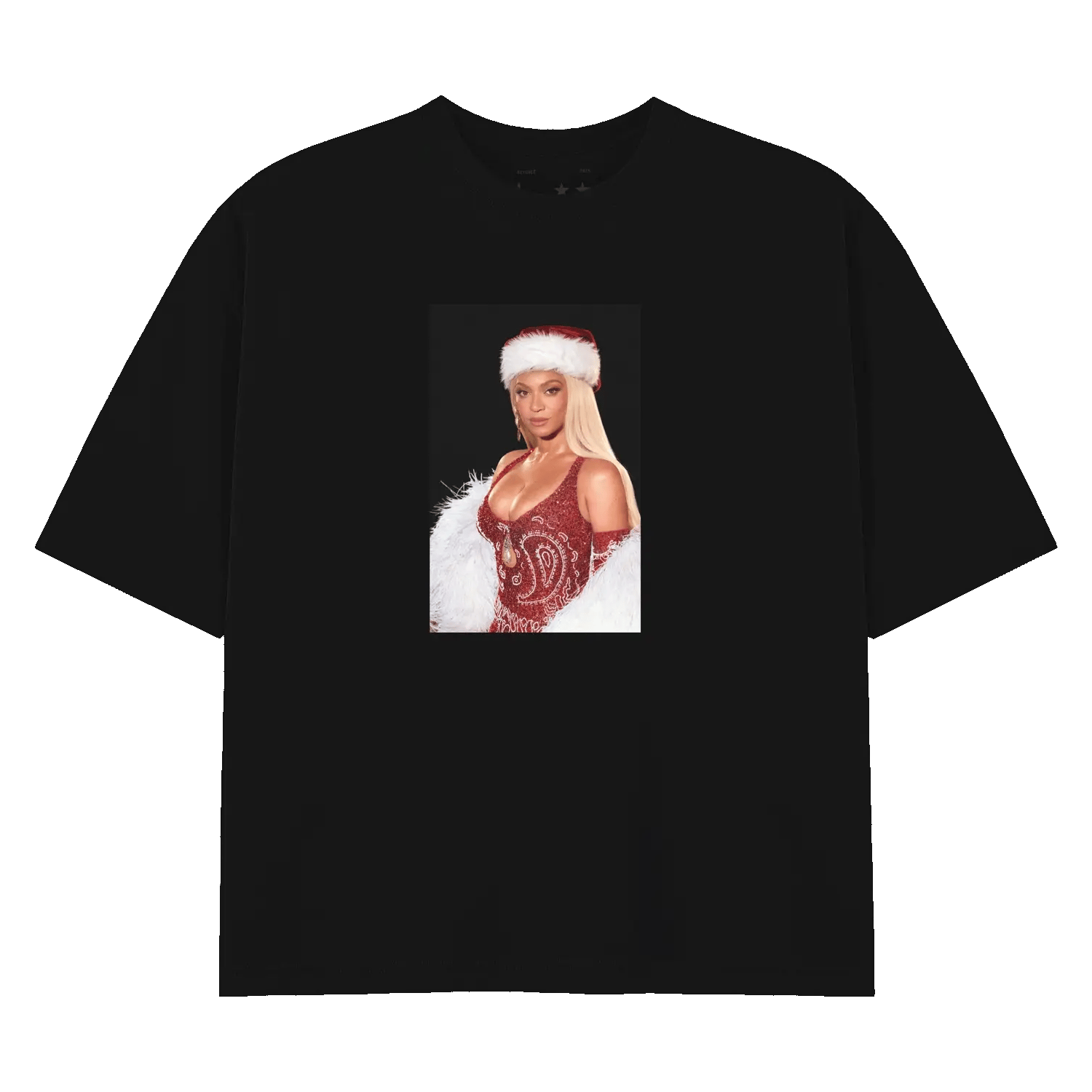Black t-shirt front featuring Beyoncé portrait in festive red outfit with Santa hat and white fur details