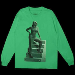Green long sleeve tee featuring minimal front design with subtle detailing