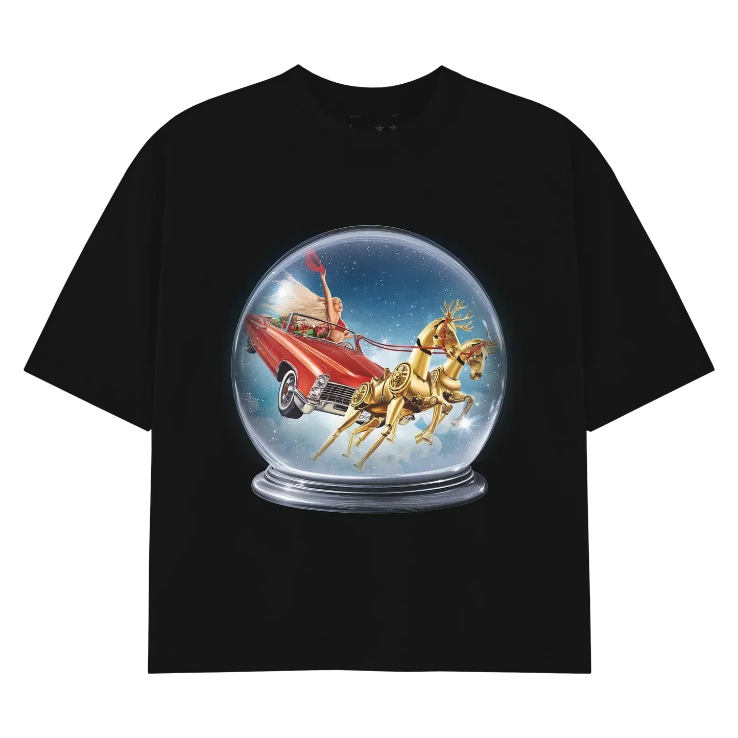 Black Beyoncé merch tee with festive snow globe design showing red convertible and gold reindeer sleigh graphic