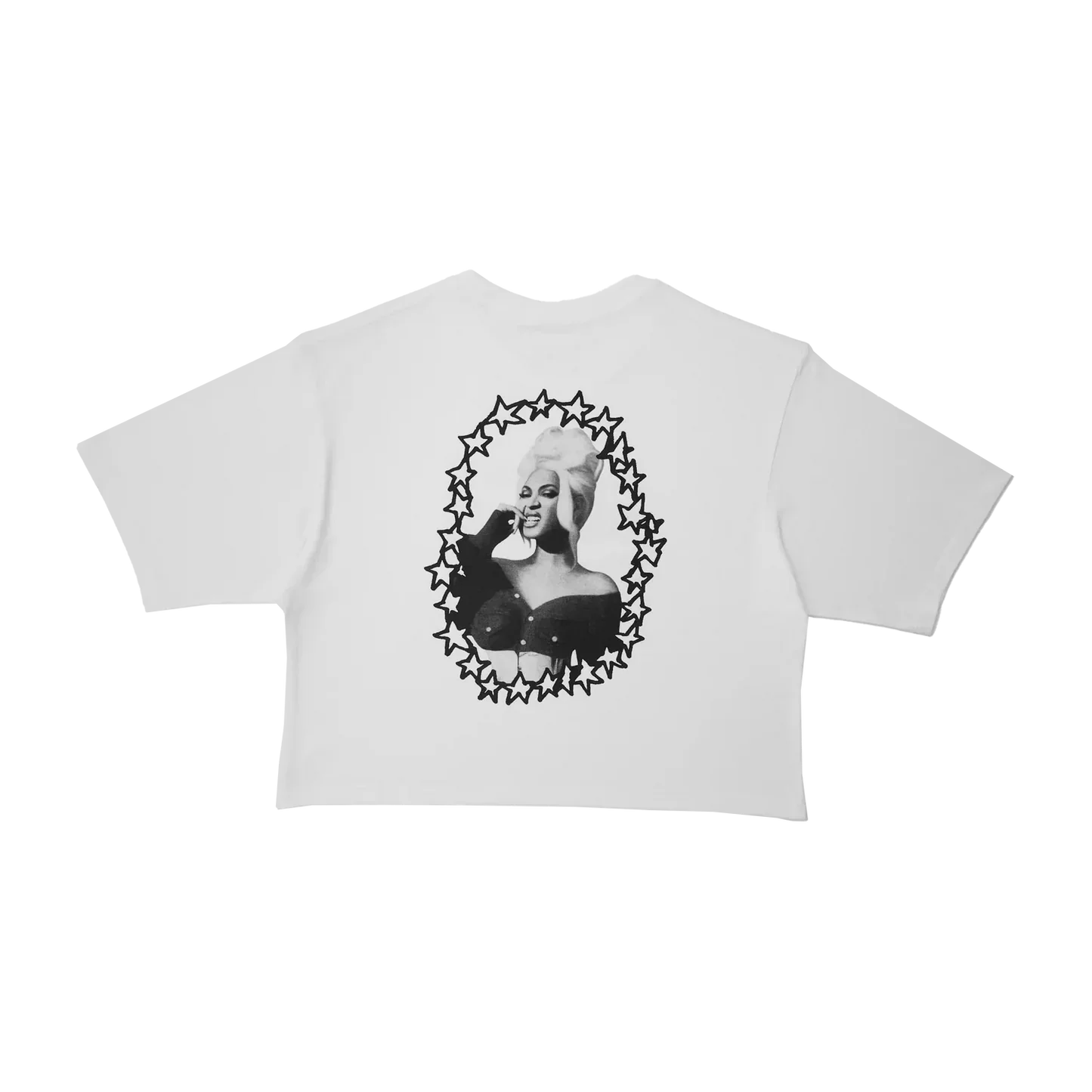 White cropped t-shirt back with black and white Beyoncé portrait inside rhinestone star frame