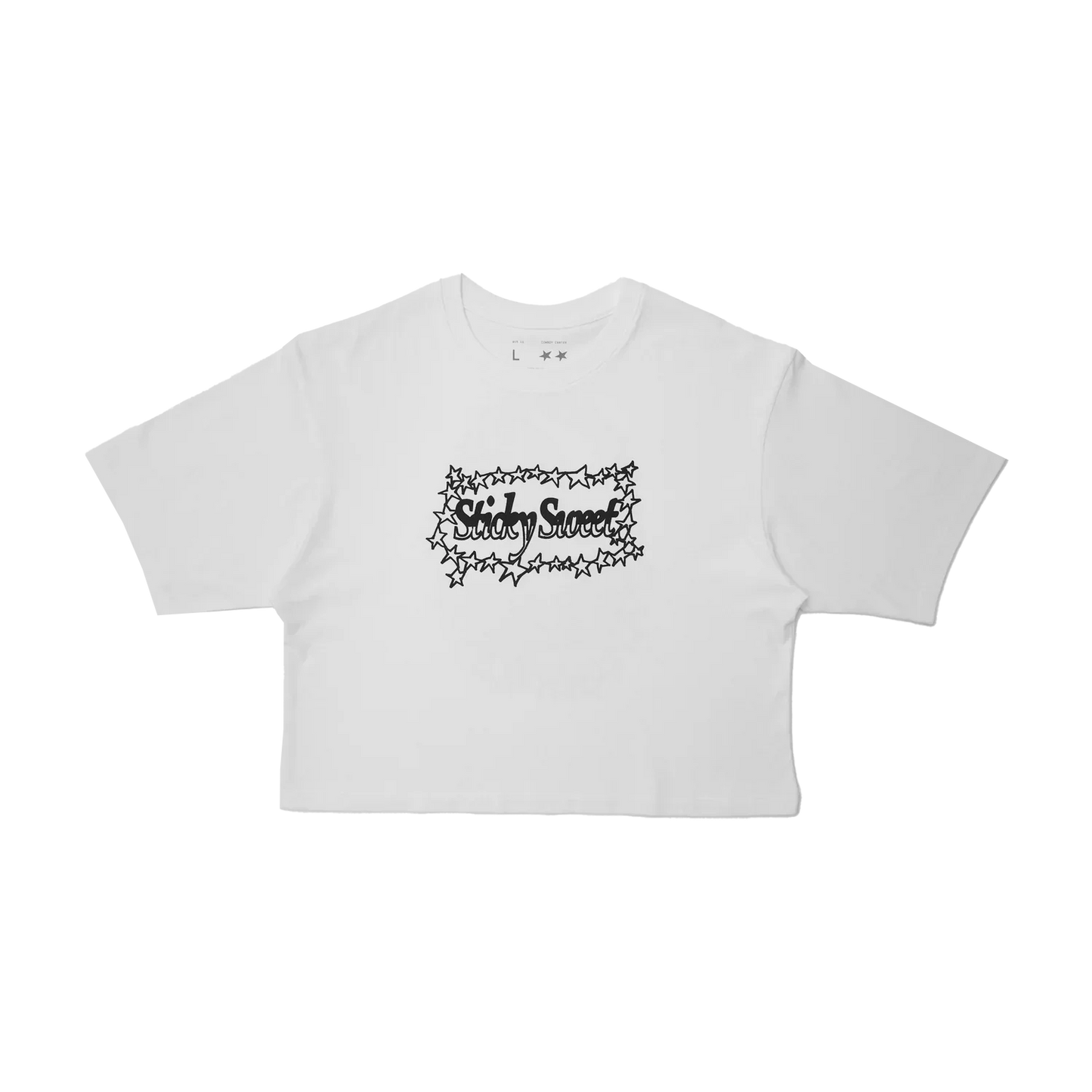 White cropped t-shirt front with Sticky Sweet rhinestone text and star border graphic