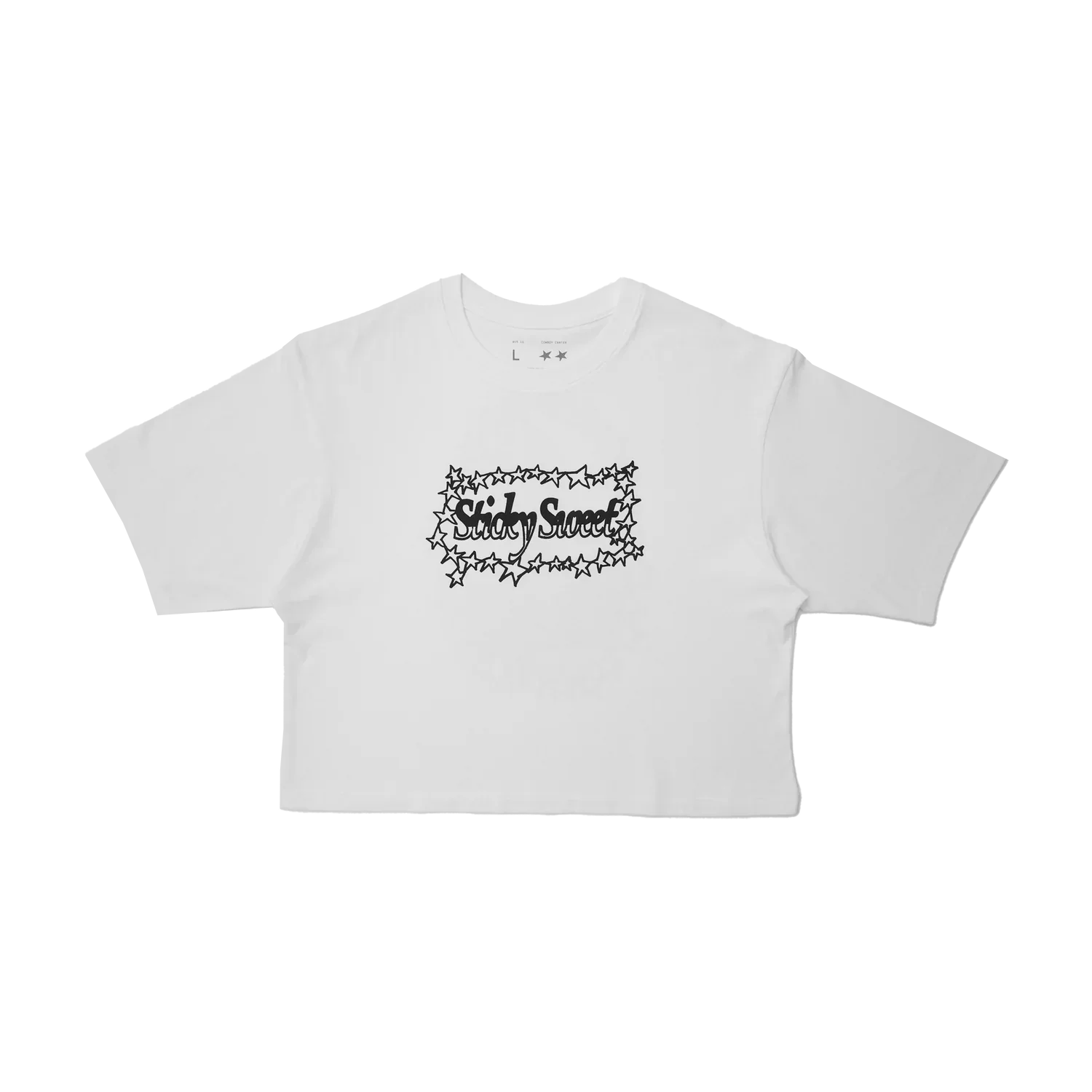 White cropped t-shirt front with Sticky Sweet rhinestone text and star border graphic