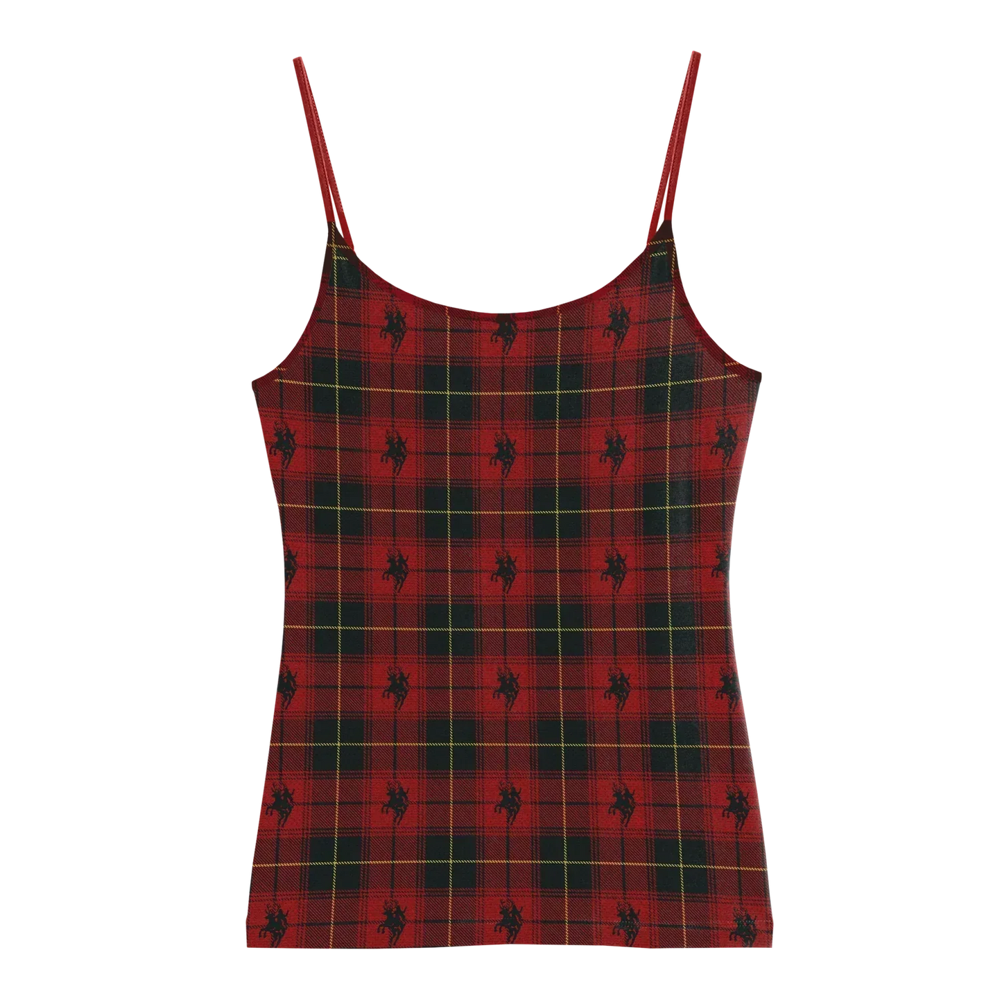 Red tartan tank top with green plaid pattern and small cowboy motif print
