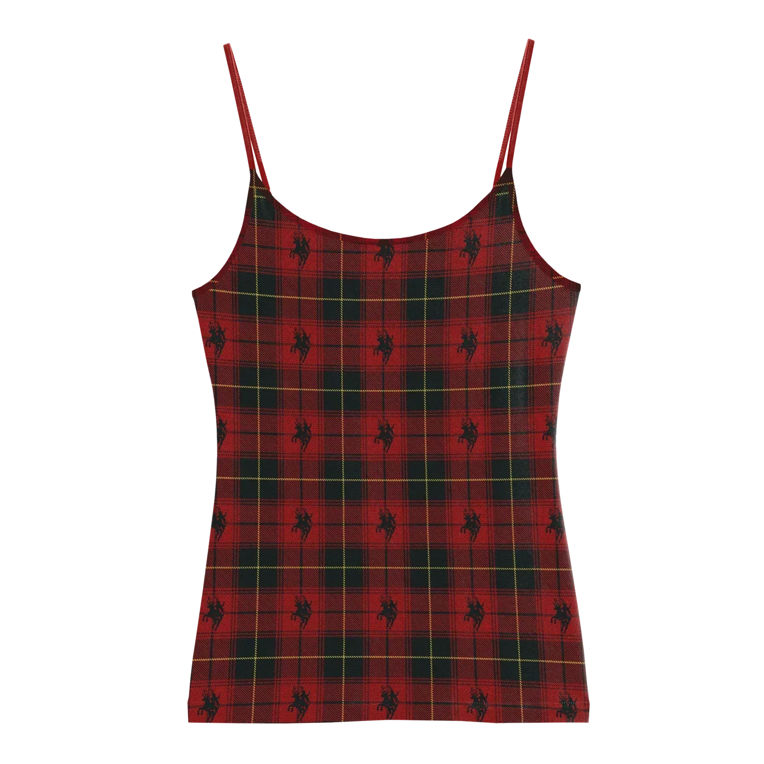 Red tartan tank top with green plaid pattern and small cowboy motif print
