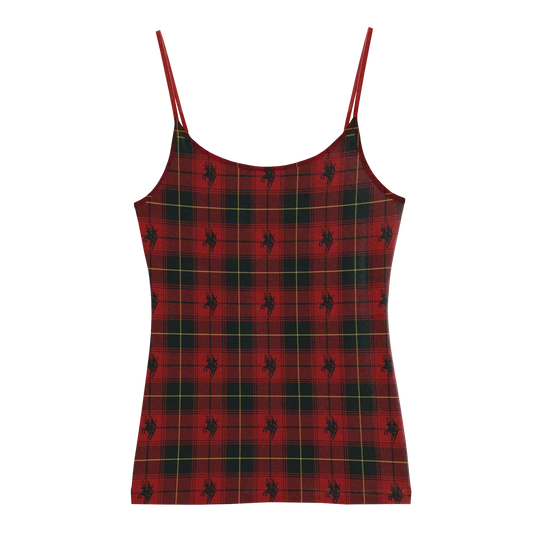 Red tartan tank top with green plaid pattern and small cowboy motif print

