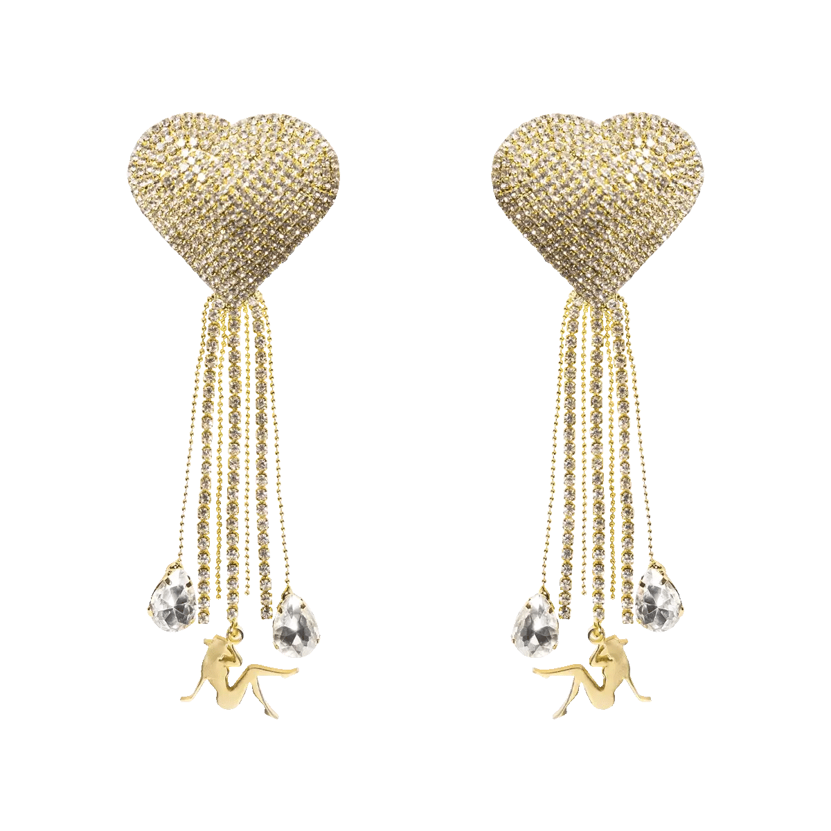 Gold heart rhinestone tassel earrings with dangling crystal chains and charms
