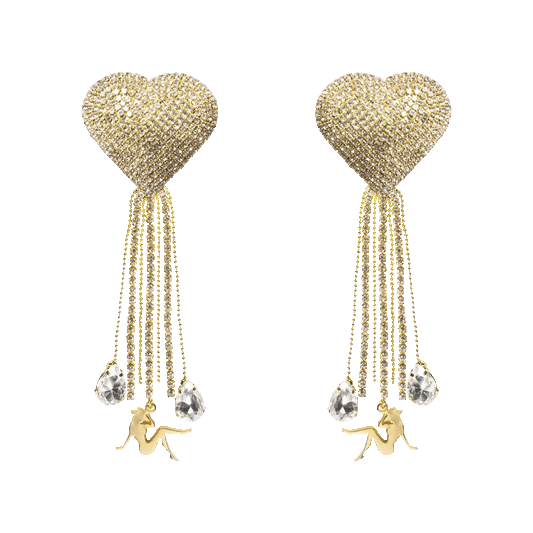 Gold heart rhinestone tassel earrings with dangling crystal chains and charms