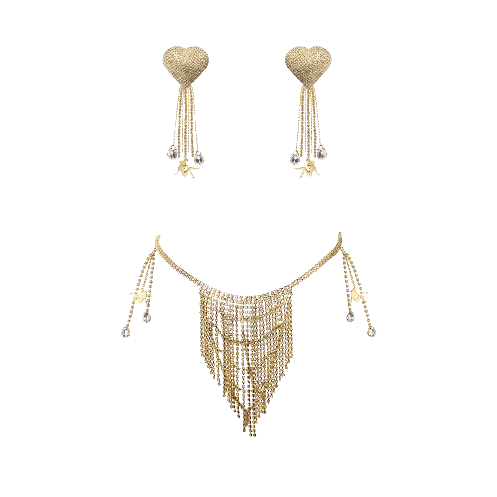 Gold rhinestone jewelry set featuring heart tassel pasties and draped crystal chain belt