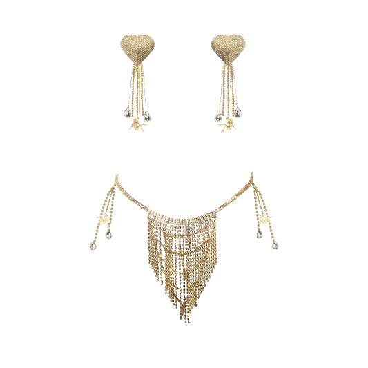 Gold rhinestone jewelry set featuring heart tassel pasties and draped crystal chain belt