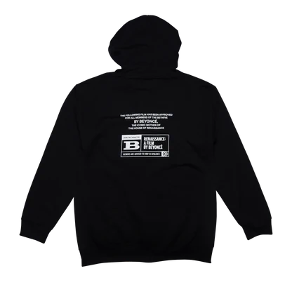 Black full zip hoodie with Renaissance film rating graphic and Beyoncé text on back