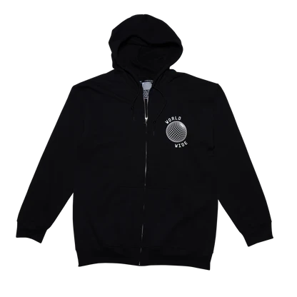 Black full zip hoodie with Worldwide globe logo graphic on chest