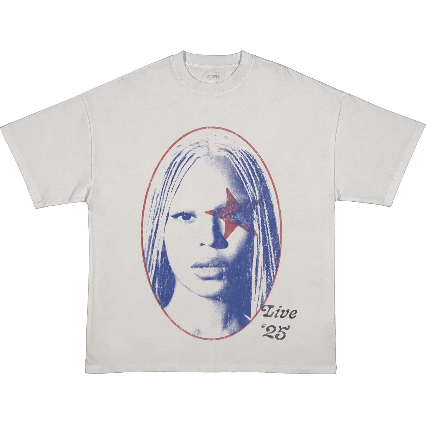 White t-shirt featuring Beyoncé portrait graphic with red star and live 25 text