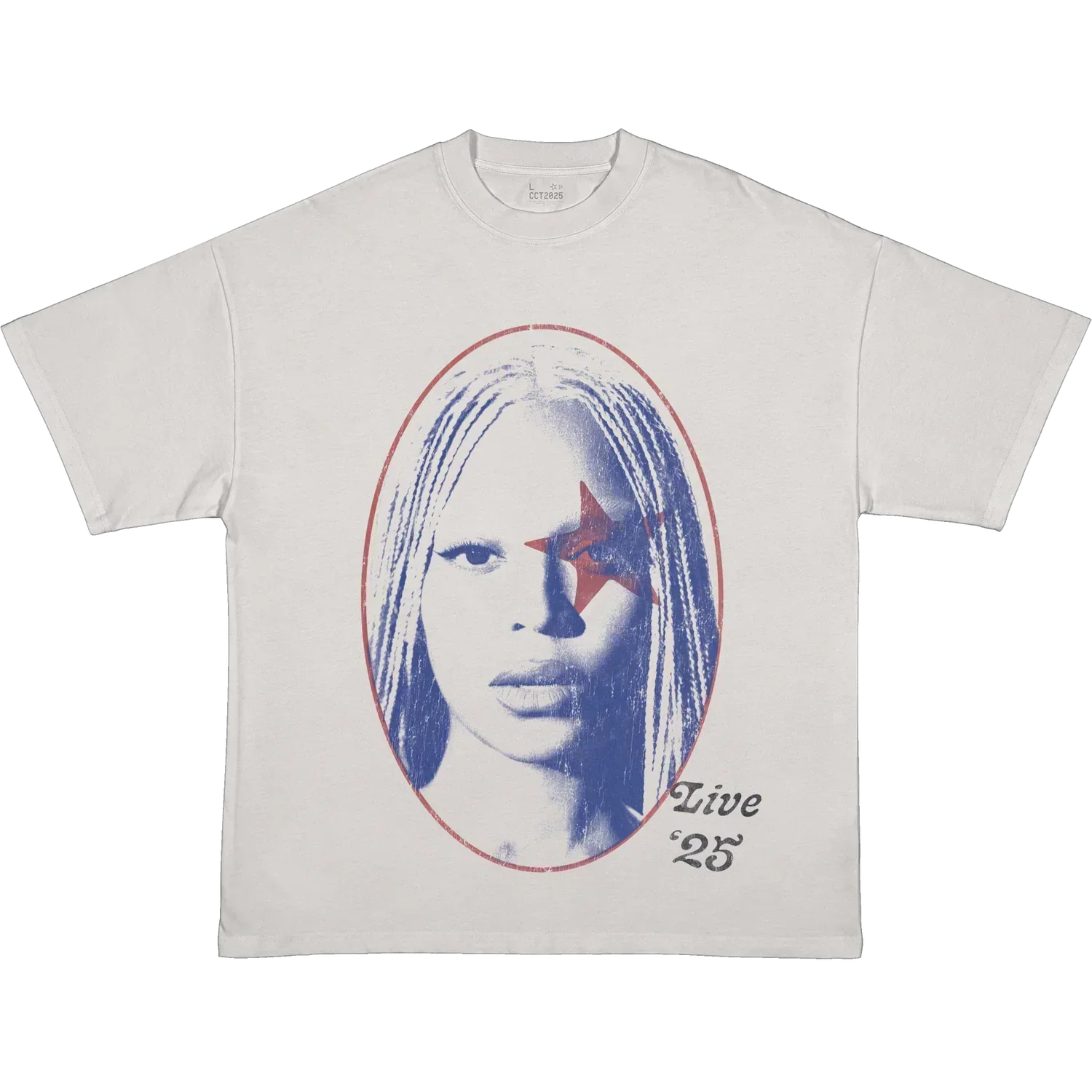 White t-shirt featuring Beyoncé portrait graphic with red star and live 25 text