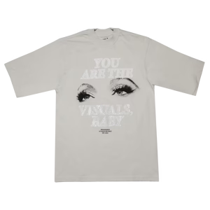 White t-shirt front featuring minimal black text graphic referencing Beyoncé renaissance visual statement